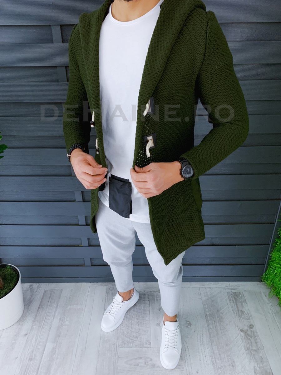 Cardigan barbati kaki cu gluga slim fit zr t3608 u